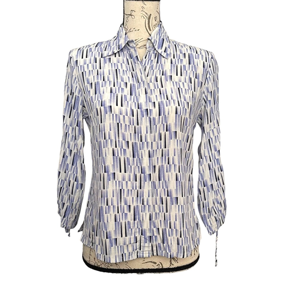 Gianni Blouse Womens 6 Blue Geometric 3/4 Cinched Sleeve 90s Art to Wear USA